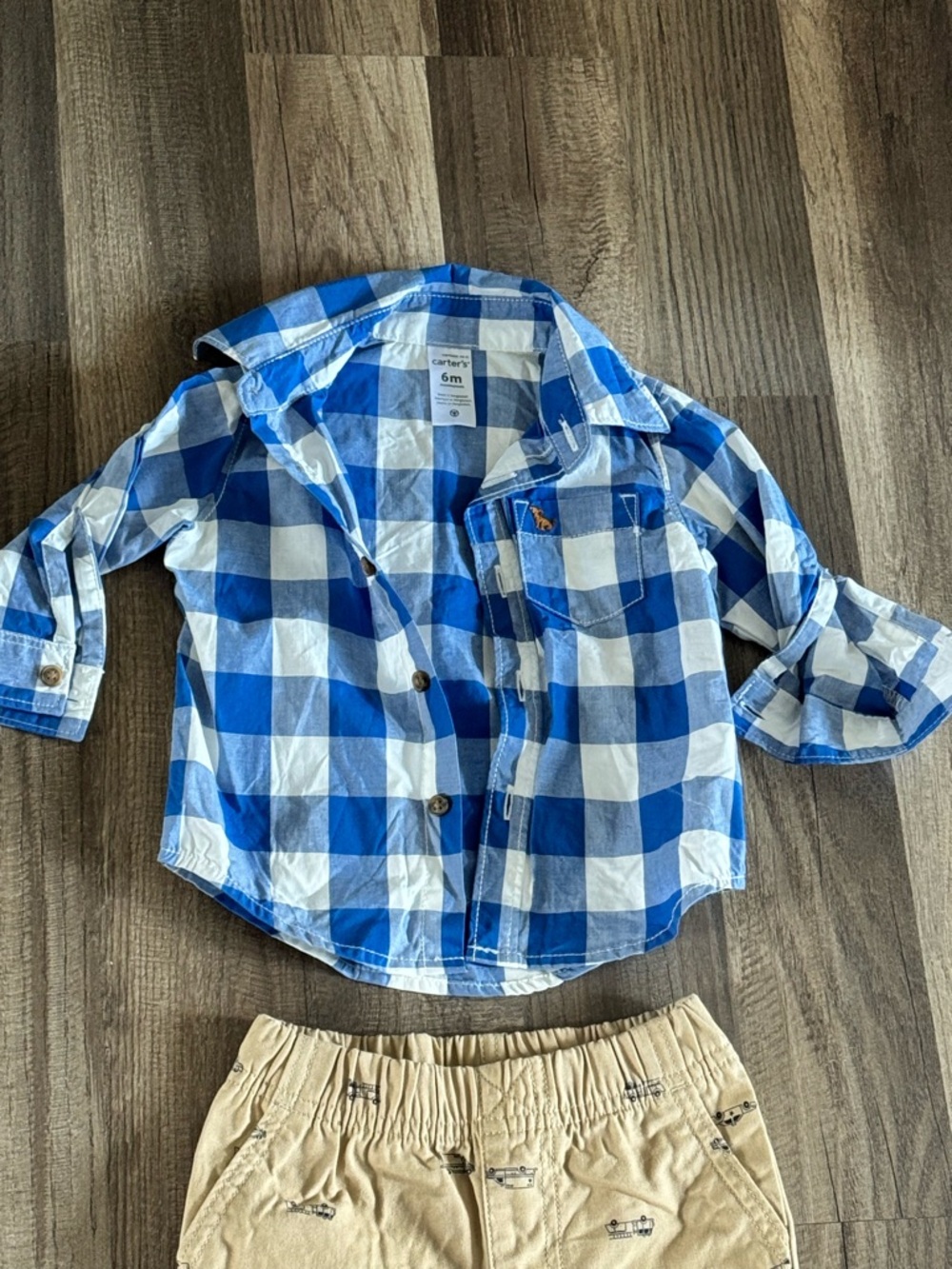 Carter's Blue and White Plaid Button-Up Shirt with Khaki Car Print Pants - Picture 2 of 4